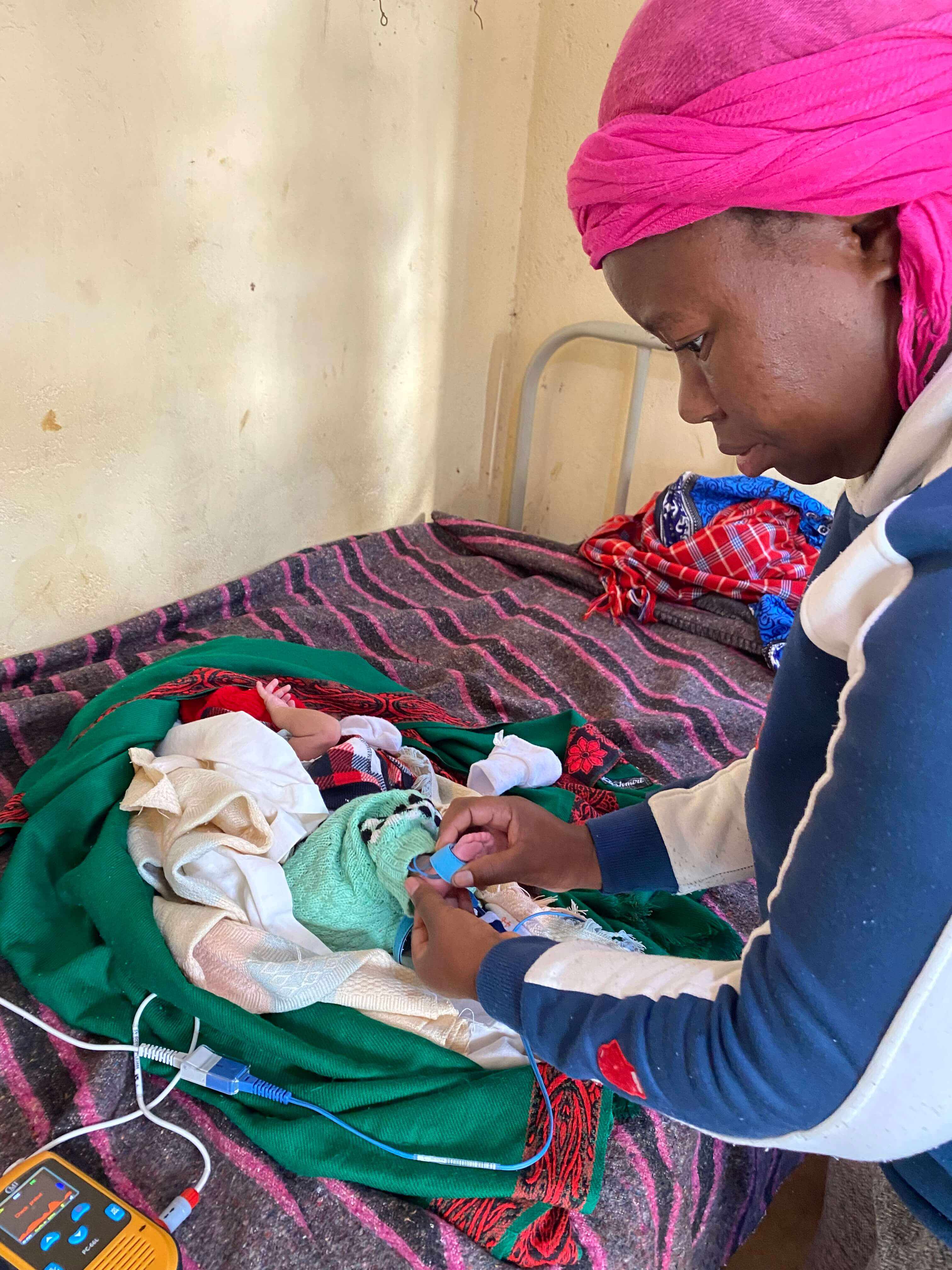 Trained health worker with mother and child